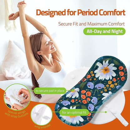 Organic Cotton, High Absorbency Reusable Period Pads for Heavy Flow (6 Pack L+XL) - Leak Proof & Odor Free Cloth Pads for Women - High-Temp Washable, Breathable & Skin-Safe for Menstrual Comfort