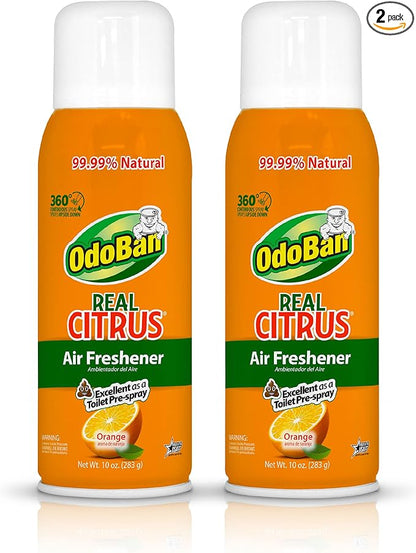 OdoBan Aroma Eliminator, 360-Degree Continuous Spray Natural Oil Real Citrus Air Freshener, Toilet Spray, 2-Pack, 10 Ounces Each, Orange Scent