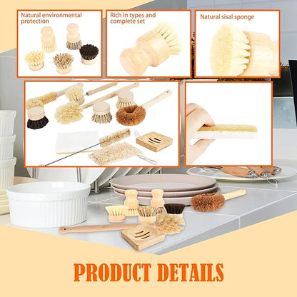 15 Pcs Bamboo Dish Brush Set with 65 Ft Hemp Rope Wooden Palm Pot Brush Sisal Bristles Natural Cup Scrubber Loofah Sponge Draining Tray for Pans, Bottle, Sink Kitchen Cleaning