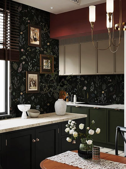 Dimoon 78.7"x16.1" Floral Peel and Stick Wallpaper Black Contact Paper Thicken Wallpaper Delicate Flower Waterproof Green Leaf White Self Adhesive Removable Wall Paper Shelf Liner Decal Vinyl Roll