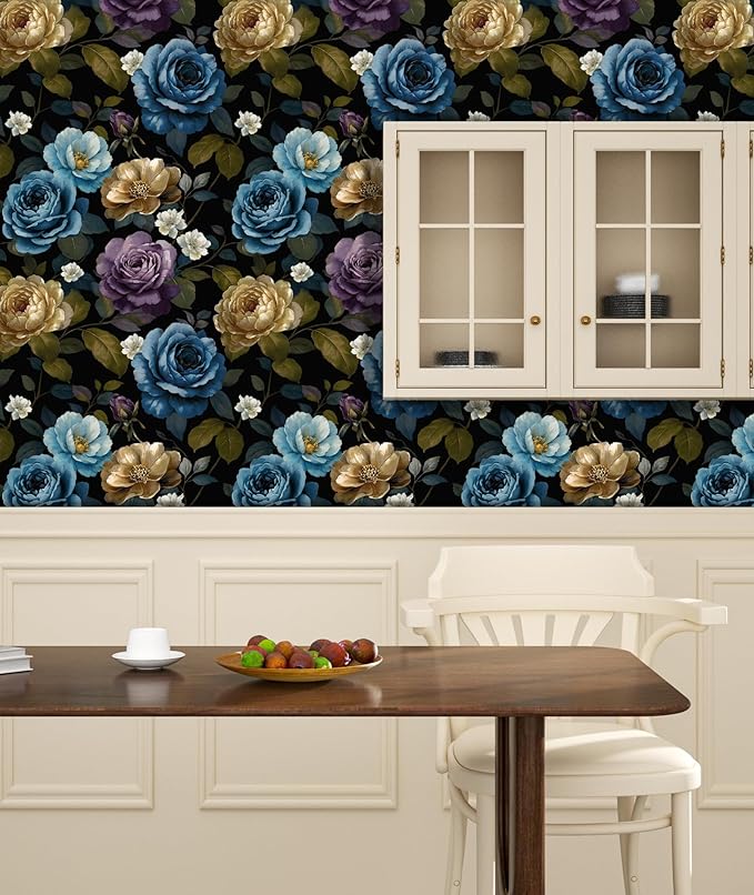Fvlow Watercolor Wallpaper Peel and Stick, Vintage Large Floral Contact Paper Waterproof Self-Adhesive Dark Flower Wall Paper for Bedroom Countertop Desk Cabinets Decor 17.4" x 118" Renter Friendly
