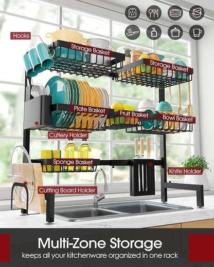 Sakugi Over The Sink Dish Drying Rack - Adjustable 3 Tier XX-Large Capacity Stainless Steel Drainer with Cutlery & Utensil Holders, Kitchen Storage & Organization, 31.5"-39.5"L x 12"W x 30.5"H, Black
