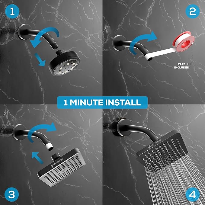 SparkPod Shower Head - High Pressure Rain - Premium Quality Luxury Design - Easy Clean Adjustable Replacement for Your Bathroom Shower Heads (Midnight Black Matte, 6 Inch Square)