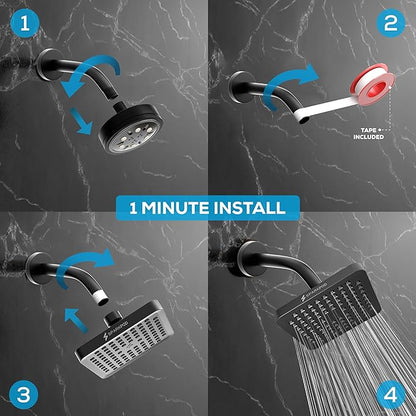 SparkPod Shower Head - High Pressure Rain - Premium Quality Luxury Design - Easy Clean Adjustable Replacement for Your Bathroom Shower Heads (Midnight Black Matte, 6 Inch Square)