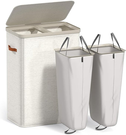 Sorbus Laundry Hamper with Lid - Collapsible 2-Compartment Fabric Laundry Basket with Handles and Removable Laundry Bag – 45 Gallon (170 L) Dirty Clothes Hamper for Bedroom, bathroom and dorm (Beige)
