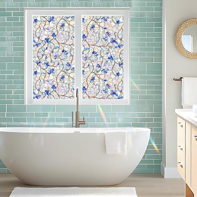 Rainbow Window Privacy Film,Heat Control,UV Blocking,Anti-Glare,Day & Night Privacy Protection & Decoration for Home, Bathroom,Glass Door,Static Cling,Renter-Friendly with Installation Tools