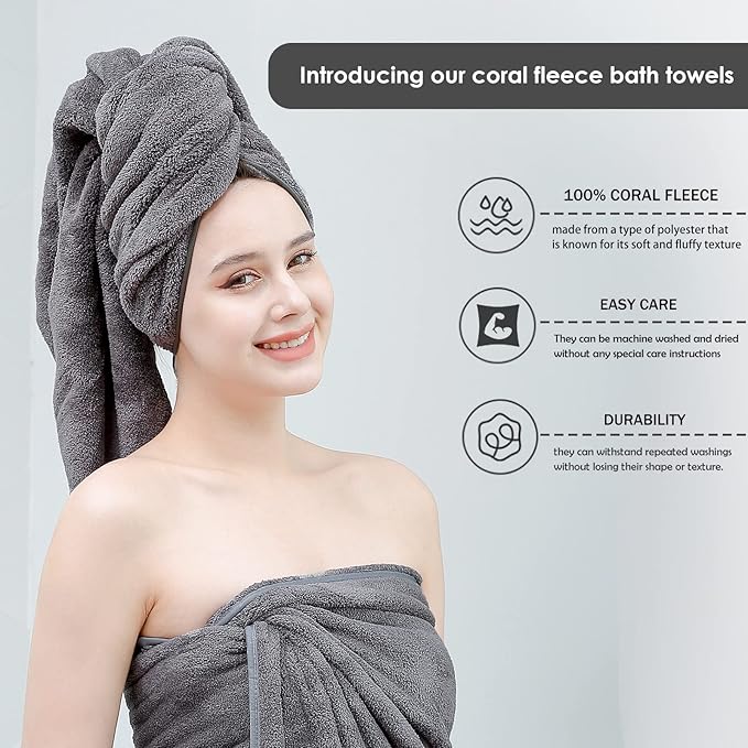 GraceAier Microfiber Bath Towels 4 Pack, 28x56 Inch Coral Velvet Quick Dry Towel Set, Highly Absorbent, Ultra Soft & Lint-Free for Bathroom, Gym, Travel and Swim-Grey