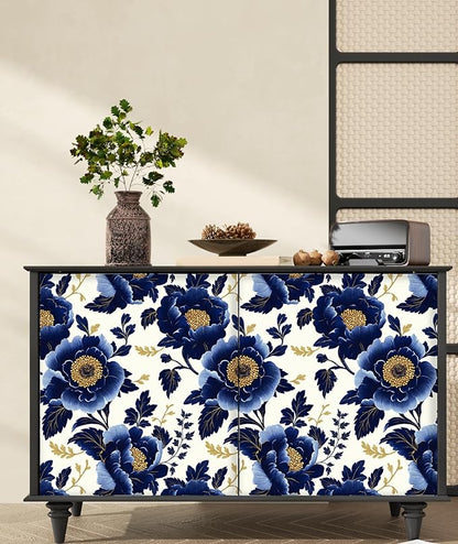 Fvlow Navy Floral Wallpaper Peel and Stick Dark Blue Large Flower Contact Wall Paper Waterproof Self-Adhesive Wall Covering for Bedroom Countertop Desk Cabinets Decor Renter Friendly 17.4" x 118"