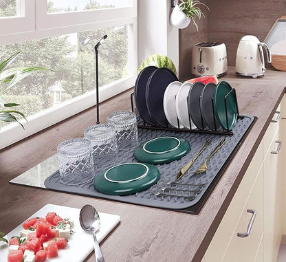 Large 24" x 18" Silicone Dish Drying Mat for Kitchen Counter, Easy clean, Quick Dry, Heat-resistant Dish Drainer Mat for Sink,Refrigerator or Drawer liner (Food Grade Silicone-Grey)