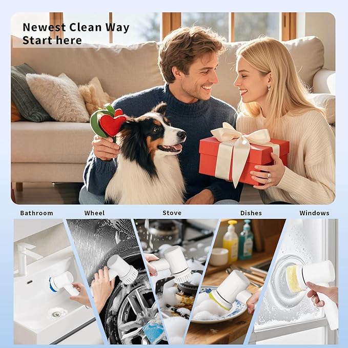 Electric Spin Scrubber - Cordless Handheld Cleaning Brush with 2 Speeds & 4 Brush Heads, Rechargeable 1500mAh Battery for Kitchen Sink, Bathroom Tile, Stovetop, Glass, Car Detailing
