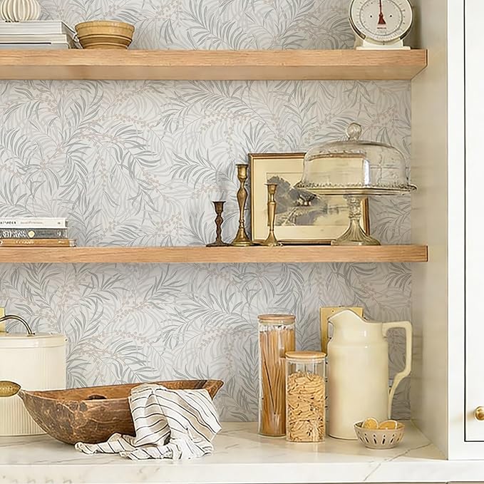 Ismoon Boho Wallpaper Peel and Stick Dusty Green Botanical Wallpaper 17.3in x6.56ft Neutral Leaf Removable Waterproof Green Contact Paper for Bedroom Kitchen Renter Friendly Wall Decor Vinyl