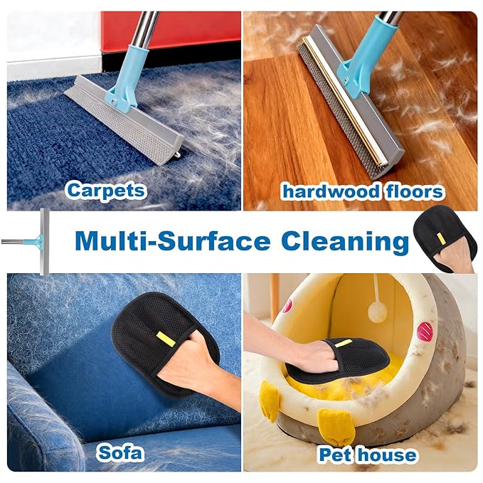 AIERSA Multifunctional Carpet Rake for Pet Hair Removal Tool 2 in 1 Metal and TPU Matted Carpet Scraper 54" Dog Hair Broom with Electrostatic Remover Glove for Couch Furniture Car