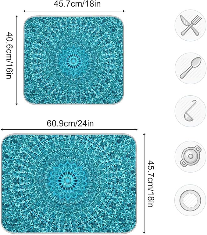Super Absorbent Dish Drying Mat Microfiber Fast-Drying Dish Mat 16" x 18" Kitchen Dish Drying Pad Mandala Turquoise Teal Blue Green