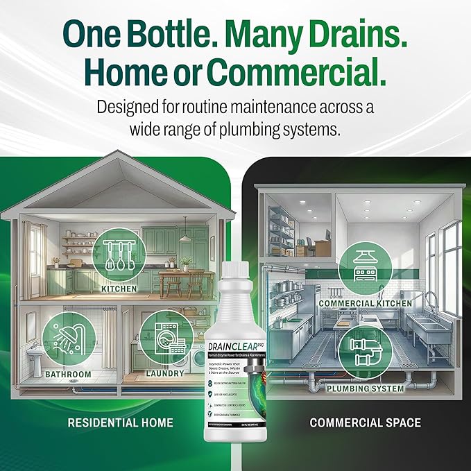 DrainClear Pro Enzyme Drain Cleaner 32oz - Enzymatic Formula Digests Grease, Waste & Odors - Safe for Pipes and Septic Systems - Biodegradable Drain Treatment for Home & Commercial Use