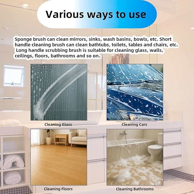 Tub Tile Scrubber Cleaning Brush, Sponge on a Stick for Cleaning Adjustable Long Handled Scrub Brush with 21.7'' Handle for Cleaning Shower Bathroom Vessel Sinks Toilet Wall Floor Black