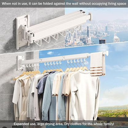 Wall Mounted Clothes Drying Rack, Collapsible Laundry Drying Rack, Retractable Foldable Drying Rack Clothing for Hanging Clothes,White-Hooks