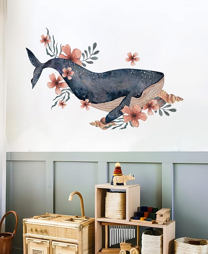 Alwayspon Dark Bule Whale Wall Decals Vinyl Removable Wall Murals Peel and Stick Self Adhesive House Wall Sticker Decor for Bedroom Living Room Nursery