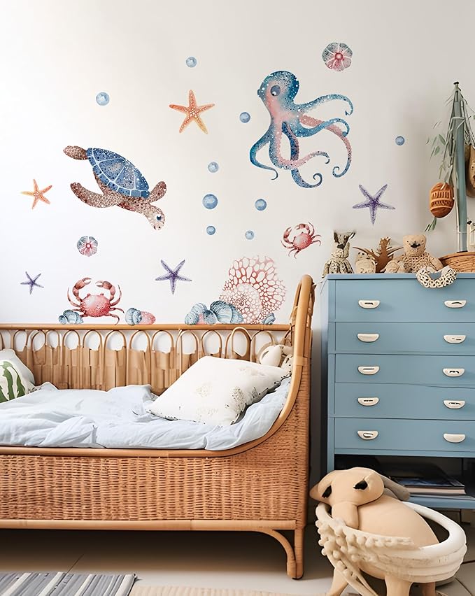 Alwayspon Octopus and Turtle Wall Decals Vinyl Removable Wall Murals Peel and Stick Self Adhesive House Wall Sticker Decor for Bedroom Living Room Nursery