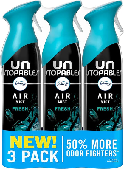 Febreze Air Mist, Air Freshener Spray, Odor Fighting Room Spray, Deodorizer for Home Bathroom Kitchen Office Apartment Dorm Room Classroom, Unstopables Fresh Scent, 8.1oz (Pack of 3)