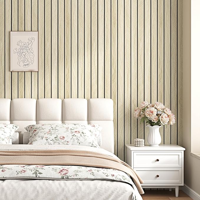 Wallercity Light Brown Wood Slat 3D Wall Panels Self Adhesive Soundproof Wooden Panel for Bedroom Living Room Peel and Stick Wood Paneling for Interior Decor Waterproof Acoustic Fence 11.7''x197''