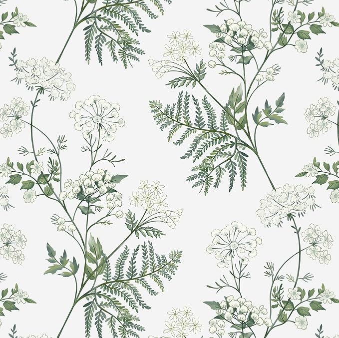 Timeet Green Floral Wallpaper Peel and Stick Floral Leaf Contact Paper 16.14"x393.7" Green White Flower Wallpaper Removable Self Adhesive Wall Paper for Walls Covering