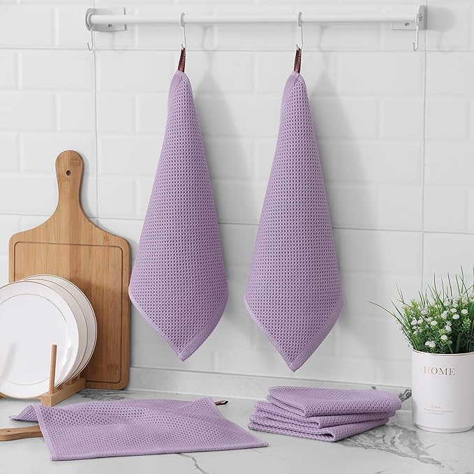 Kitinjoy 100% Cotton Kitchen Dish Cloths (12 X 12 Inches, Lavender), 6 Pack Waffle Weave Ultra Soft Absorbent Dish Towels for Drying Dishes Quick Drying Kitchen Towels Dish Rags