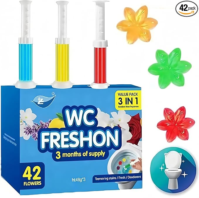 Toilet Gel Stamp, 42 Flower Scent Stamps with Dispenser, 3 in 1 Value Pack, 3 Months Supply, Removes Odor and Decontaminates, Random Colors
