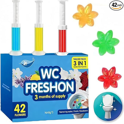 Toilet Gel Stamp, 42 Flower Scent Stamps with Dispenser, 3 in 1 Value Pack, 3 Months Supply, Removes Odor and Decontaminates, Random Colors