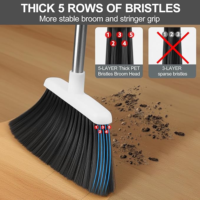 Broom Dustpan Set, Broom with Dustpan Combo Set with Adjustable Handle Broom Suitable for Home Office Kitchen Lobby Dust Pan Teeth to Automatically Clean Hair