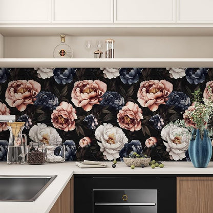 Fvlow Vintage Floral Wallpaper Peel and Stick Dark Black White Red Rose Flowers Wall Paper 17.4" x 118" Waterproof Self Adhesive Removable Contact Paper for Bedroom Cabinets Table Drawers Home Decor