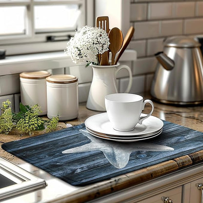 Summer Starfish Dish Drying Mat for Kitchen Counter Navy Blue Microfiber Absorbent Dish Drainer Rack Mats Coastal Ocean Themed Kitchen Sink Dishes Pad 18 X 24 Inch