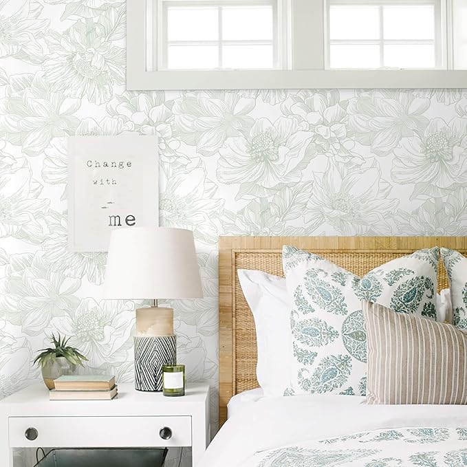 Ismoon Large Floral Peel and Stick Wallpaper Boho White and Green Contact Paper 17.3inx32.7ft Modern Wall Paper Removable Self Adhesive Vinyl Wallpaper for Bedroom Cabinet Bathroom Mural Wall Decor