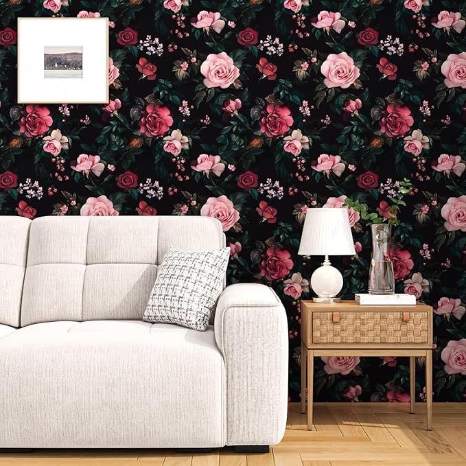 Fvlow Vintage Wallpaper Dark Floral Peel and Stick 17.4" x 394" Boho Contact Paper Waterproof Removable Wall Covering for Bedroom Kitchen Countertop Desk Home Decor