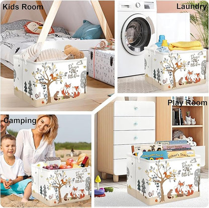 Forest Animals Laundry Hamper Woodland Tree Large Storage Basket Parents Organizer Kids Clothes Toy Bins for Bedroom, Bathroom, Fox, 36L