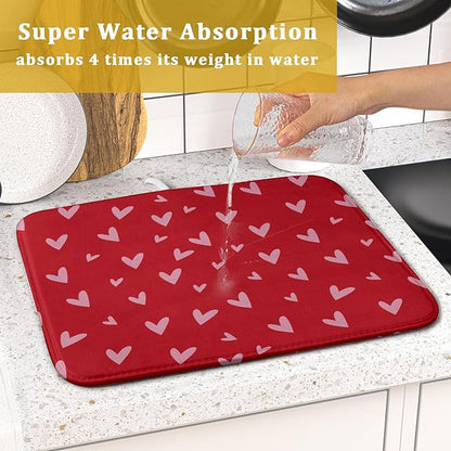 Valentines Dish Drying Mat for Kitchen Counter 16x18 Inch Valentine's Day Red Pink Love Heart Print Absorbent Reversible Microfiber Drying Mats Kitchen Countertop Protector Dishes Drainer Rack Pad