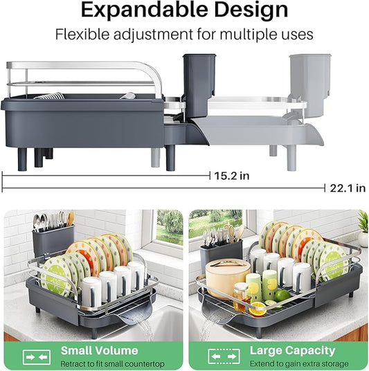SAYZH Dish Drying Rack - Expandable Dish Rack for Kitchen Counter, Rust-Resistant Dish Drainer with Utensil Holder and Raised Guardrail, Kitchen Organizer for Cup and Bottle (Grey)