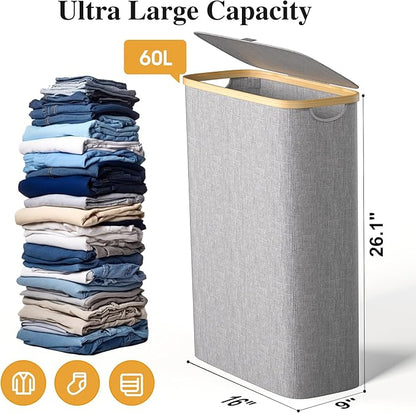 Slim Laundry Hamper, 60L Waterproof Narrow Laundry Basket with Lid and Removable Bag, Collapsible Tall Clothes Hamper with Bamboo Handles for Clothes Toys in Dorm Bedroom Bathroom, Grey