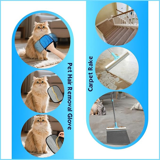 Carpet Rake for Pet Hair Removel, 3 in 1 TPU and Copper Rake Teeth, 54" Adjustable Long Handle Carpet Rake, Reusable Pet Hair Remover for Rugs, Mats, Stairs with Pet Hairs Removal Glove, 2 Hooks