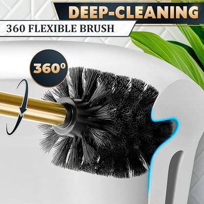 Gold Toilet Brush with Square Holder - Toilet Brush and Holder Set Gold, Stainless Steel Handle with Splash Shield, Replaceable Head and Removable Inner Cup - Freestanding Bathroom Toilet Cleaning Set