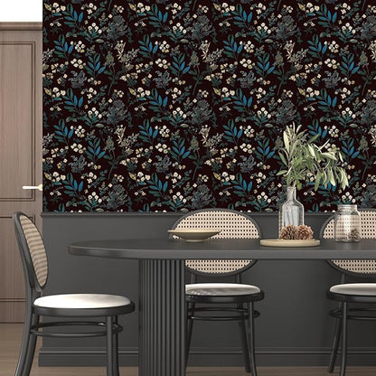 Laatse Vintage Wallpaper Peel and Stick Dark Green Floral Wallpaper 17.5'' x 118'' Green Leaf Contact Paper Vinyl Waterproof Self Adhesive Boho Botanical Wall Paper for Bedroom Cabinet Décor
