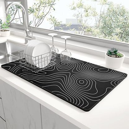 Rnivvi Dish Drying Mat for Kitchen Counter, XL 15 x 24" Cute Marble Super Absorbent Draining Pad, Non-Slip Heat Resistant Coffee Bar Mats for Coffee Machine Station Accessories, Line Art Dish Rack Pad