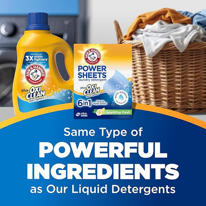 ARM & HAMMER Power Sheets Laundry Detergent Plus OxiClean Stain Fighters, 6in1, Sparkling Fresh Scent, 42 Count, 84 Medium Loads