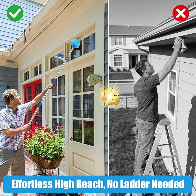 Cobweb Duster with Extension Pole - 6 FT Lightweight Stainless Steel Extendable Duster Ceiling Fan Duster for High Ceilings, Medium Stiff PET Bristle Spider Web Brush for Indoor/Outdoor Cleaning
