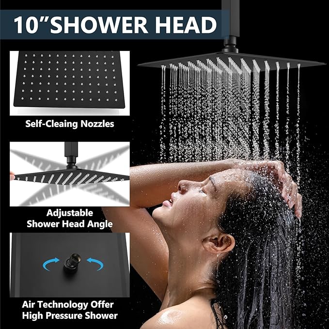 Aolemi Ceiling Mount Shower System Rain Shower Head with Handheld Spray High Pressure Shower Faucet Set Rough-in Valve Shower Trim Kit Included Bathroom Matte Black 10 Inch Ceiling Shower Head