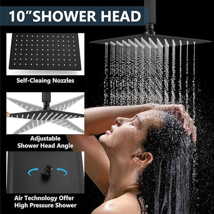 Aolemi Ceiling Mount Shower System Rain Shower Head with Handheld Spray High Pressure Shower Faucet Set Rough-in Valve Shower Trim Kit Included Bathroom Matte Black 10 Inch Ceiling Shower Head