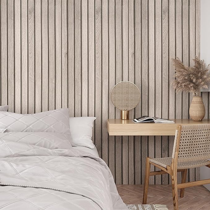 VEELIKE Rustic Grey Oak Wood Slat Peel and Stick Wallpaper 24''x118'' Faux Wood Panel Wallpaper for Accent Walls Self Adhesive Waterproof Wooden Grain Contact Paper Slat Paneling for Kitchen Bedroom