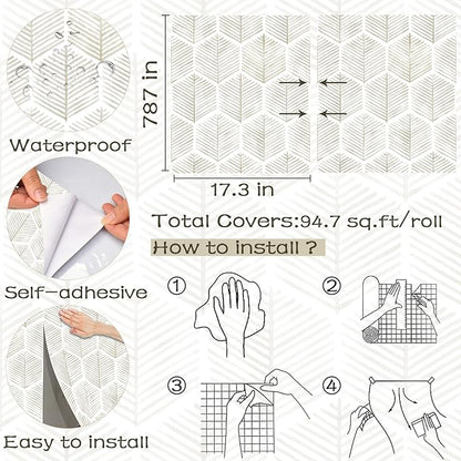 Modern Peel and Stick Wallpaper 17.3''×''787 Self Adhesive Wallpaper Boho Contact Paper Beige and White Geometric Wall Paper Removable Decorative Wallpapers for Bedroom Bathroom Cabinets Decor Vinyl