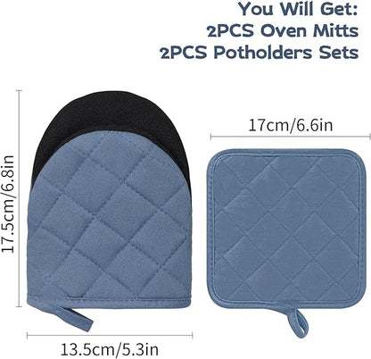 Oven Mitts and Pot Holders Set, Pack of 4, Heat Resistant Silicone Kitchen Mini Oven Mittens for 500 Degrees, Mini Oven Gloves and Hot Pads for Baking Grilling Barbecue Microwave Machine Washable
