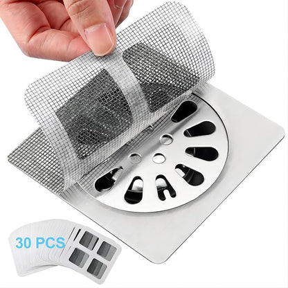 30 PC Disposable Shower Drain Hair Catcher Stickers 4"x4" Strong Adhesive Mesh Covers for Bathroom, Kitchen & Laundry Easy Apply & Remove