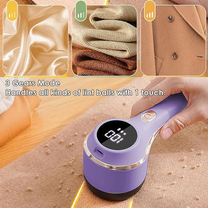 Sorandy Fabric Shaver, Electric Lint Remover Rechargeable with 3 Speeds, Digital Display 6 Leaf Blades Portable Sweater Defuzzer, Ideal for Clothes, Furniture, Sweater & Blanket (Purple)
